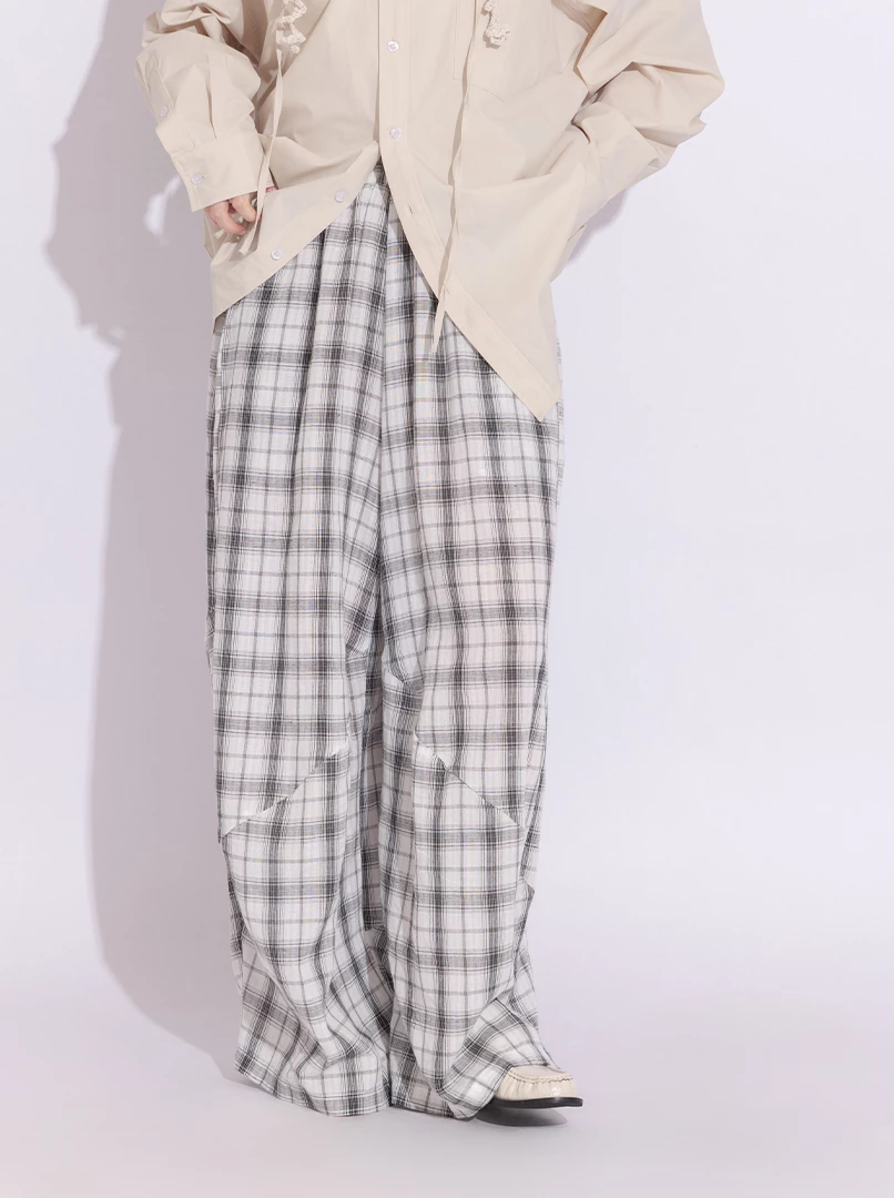 棉麻鬆緊格紋長褲