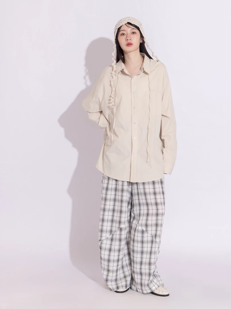 棉麻鬆緊格紋長褲