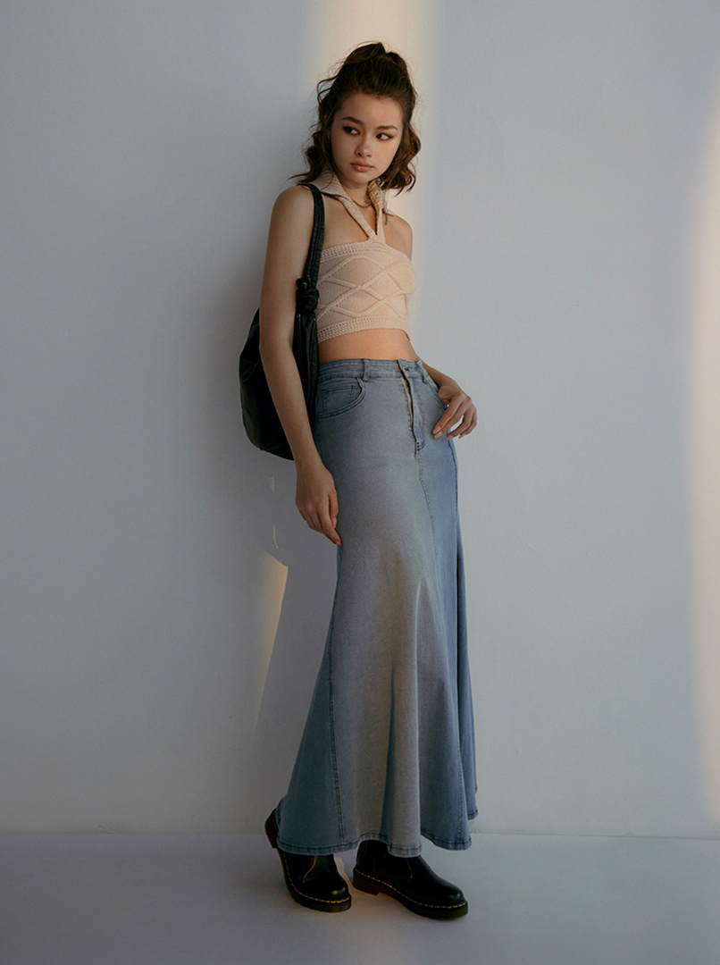 剪接開岔牛仔裙'