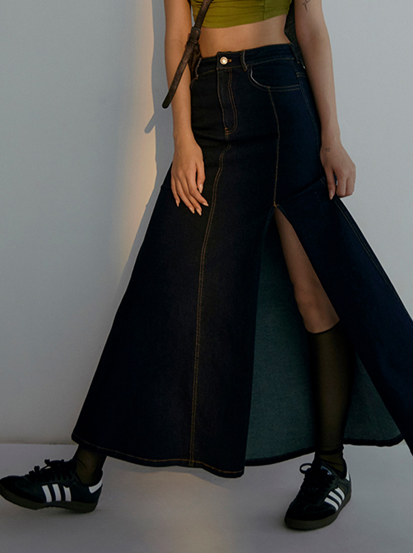 剪接開岔牛仔裙