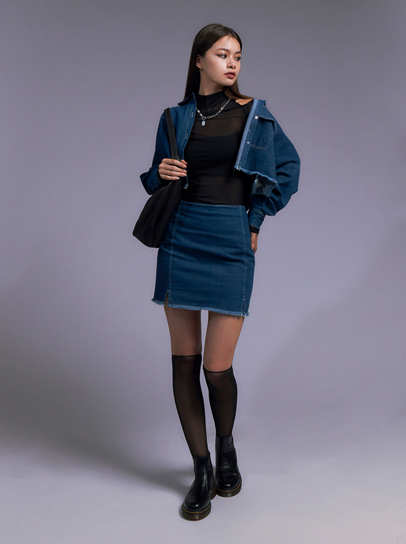 丹寧抽鬚開叉窄裙