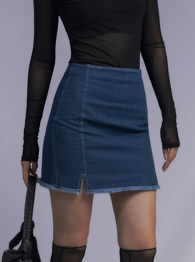 丹寧抽鬚開叉窄裙