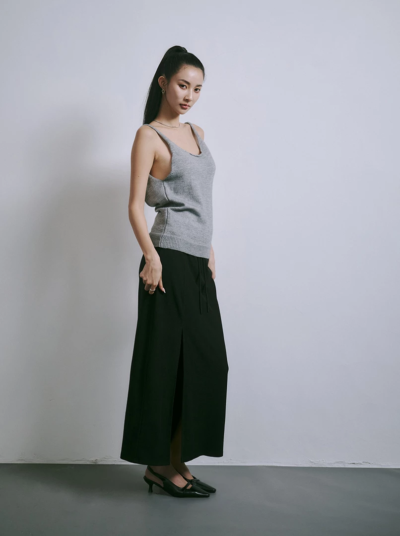 羅紋斜開叉顯瘦長裙