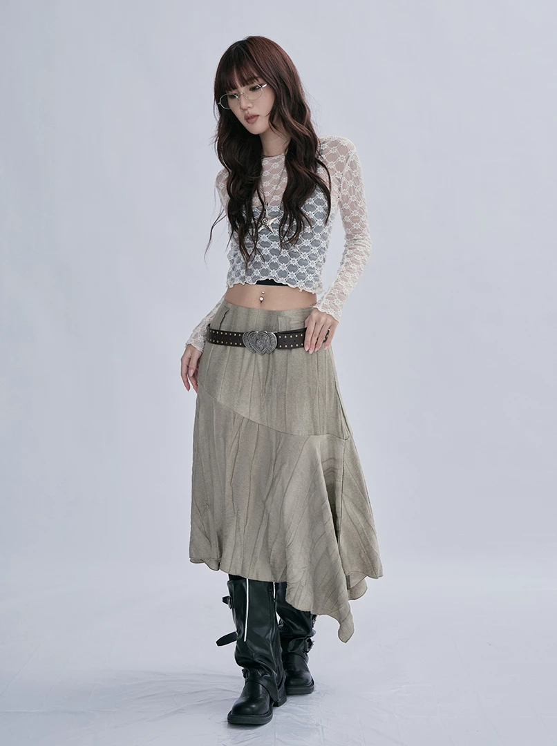 下擺魚尾復古風裙(附腰帶)