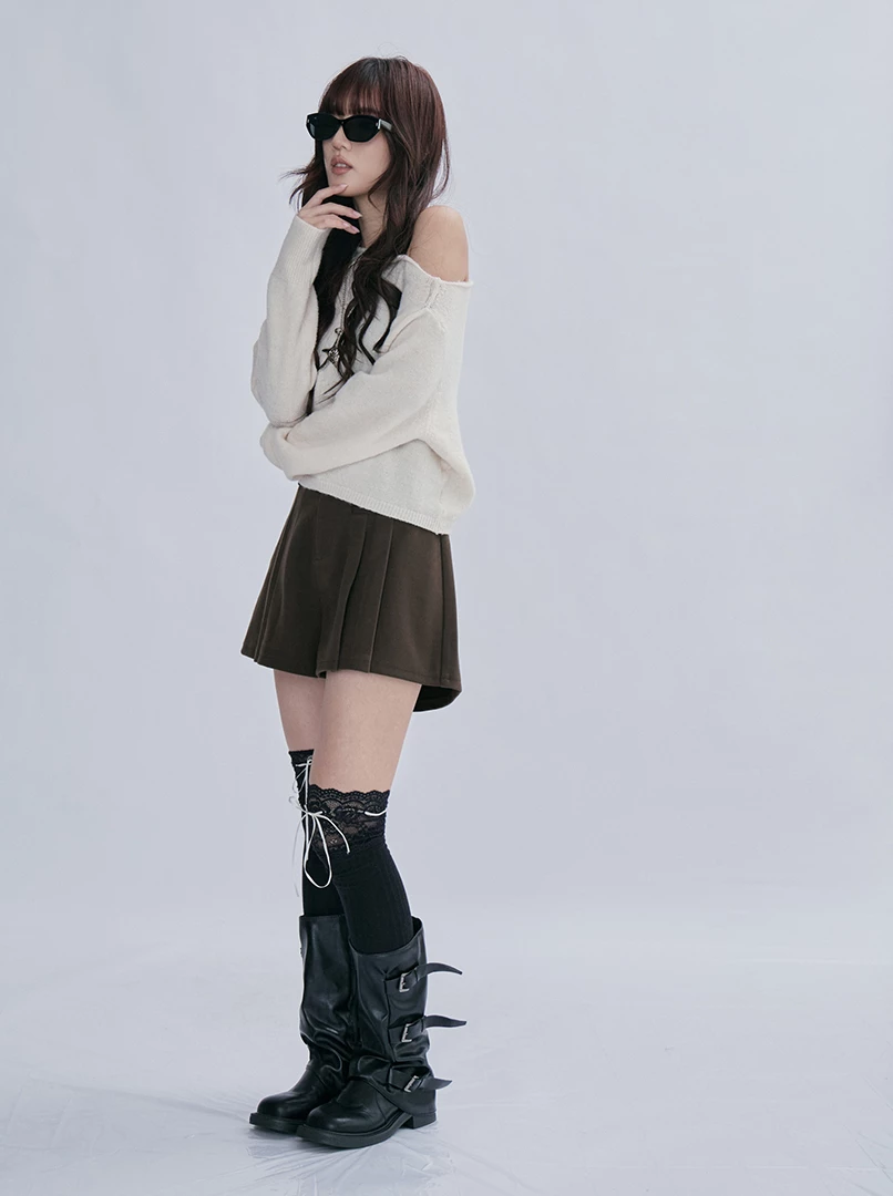 毛料摺度短褲裙