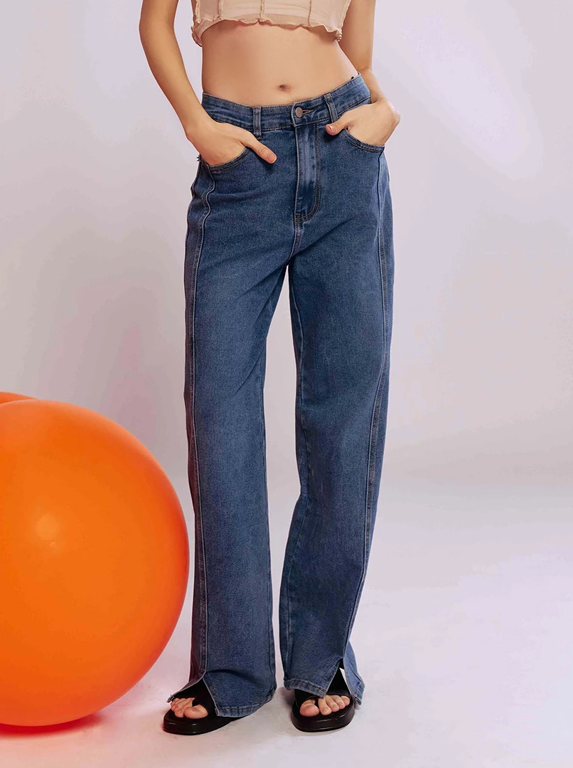 剪接開岔修身牛仔褲