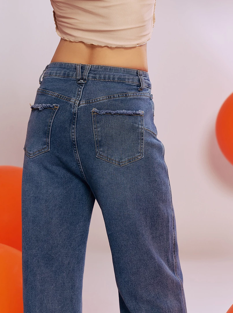 剪接開岔修身牛仔褲'