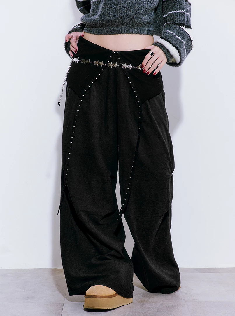 翻褲頭拼接Y2K絨面長褲