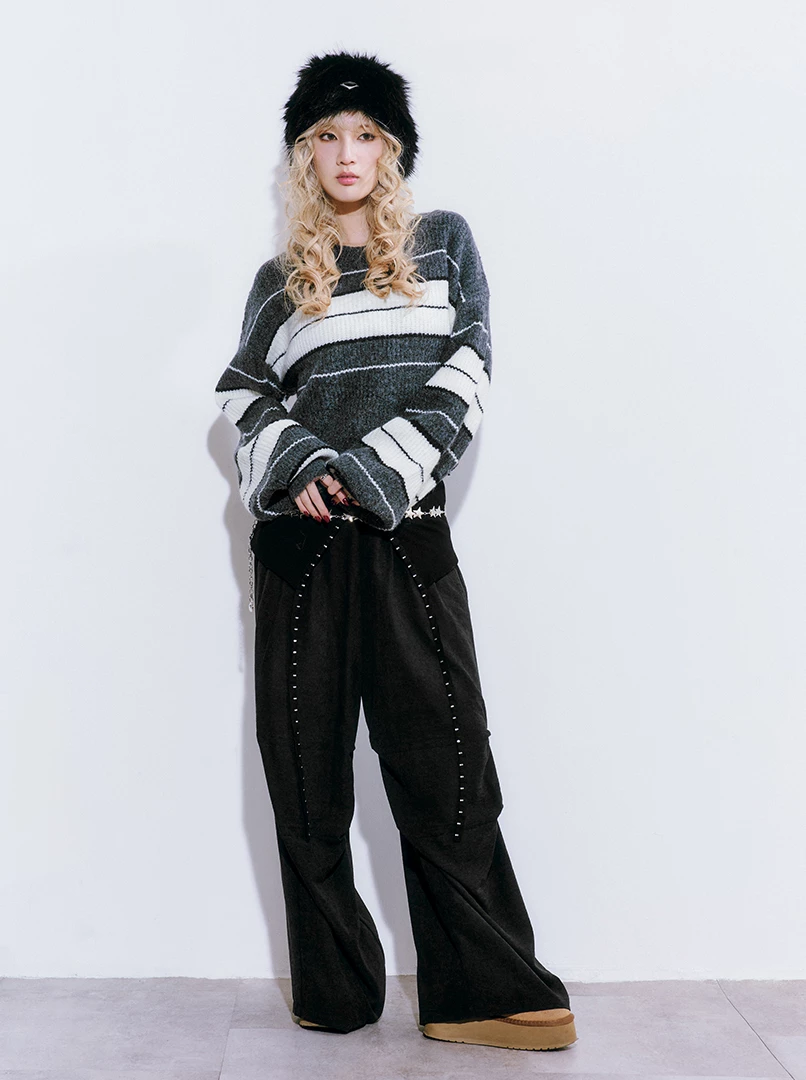 翻褲頭拼接Y2K絨面長褲