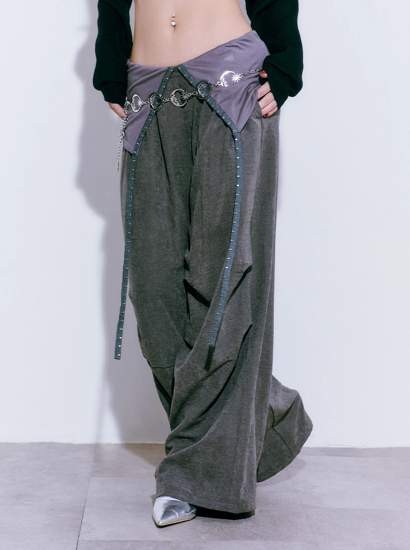 翻褲頭拼接Y2K絨面長褲