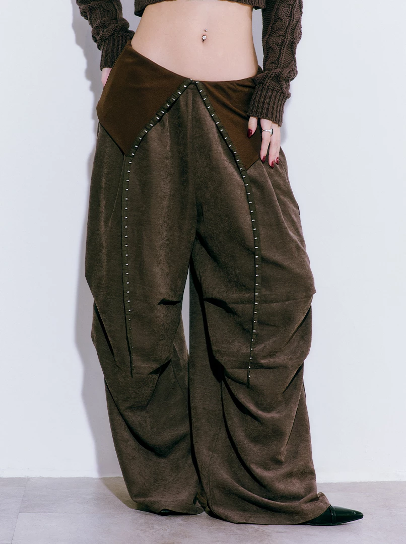 翻褲頭拼接Y2K絨面長褲