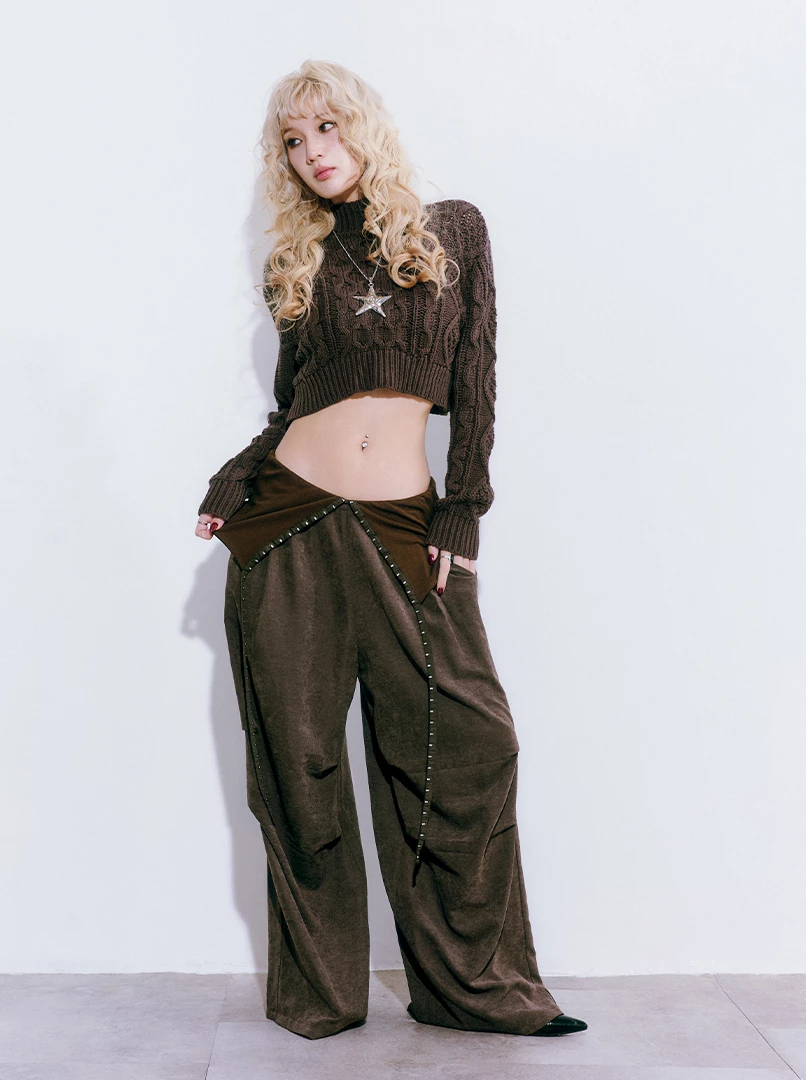 翻褲頭拼接Y2K絨面長褲