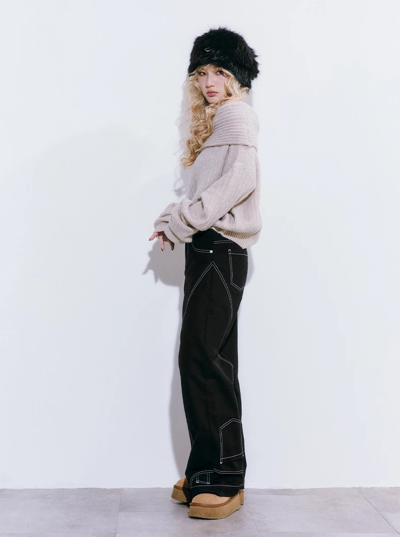 腰頭反褲腳設計長褲