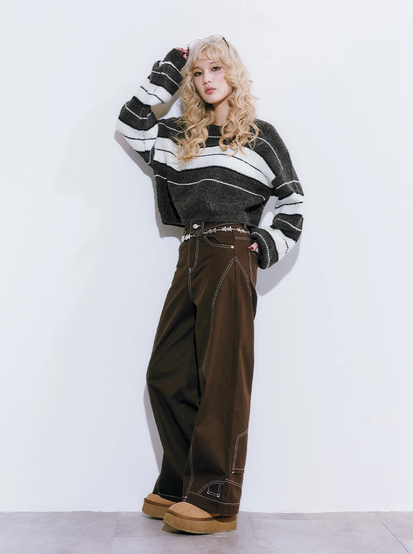 腰頭反褲腳設計長褲