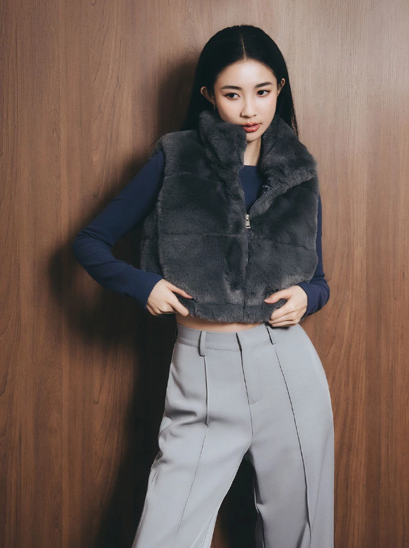 仿貂毛立領短版背心