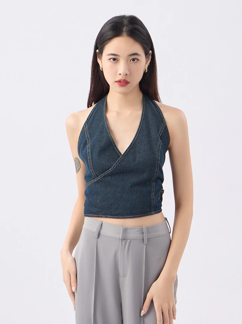 繞脖露背牛仔背心