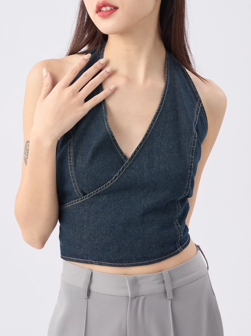 繞脖露背牛仔背心