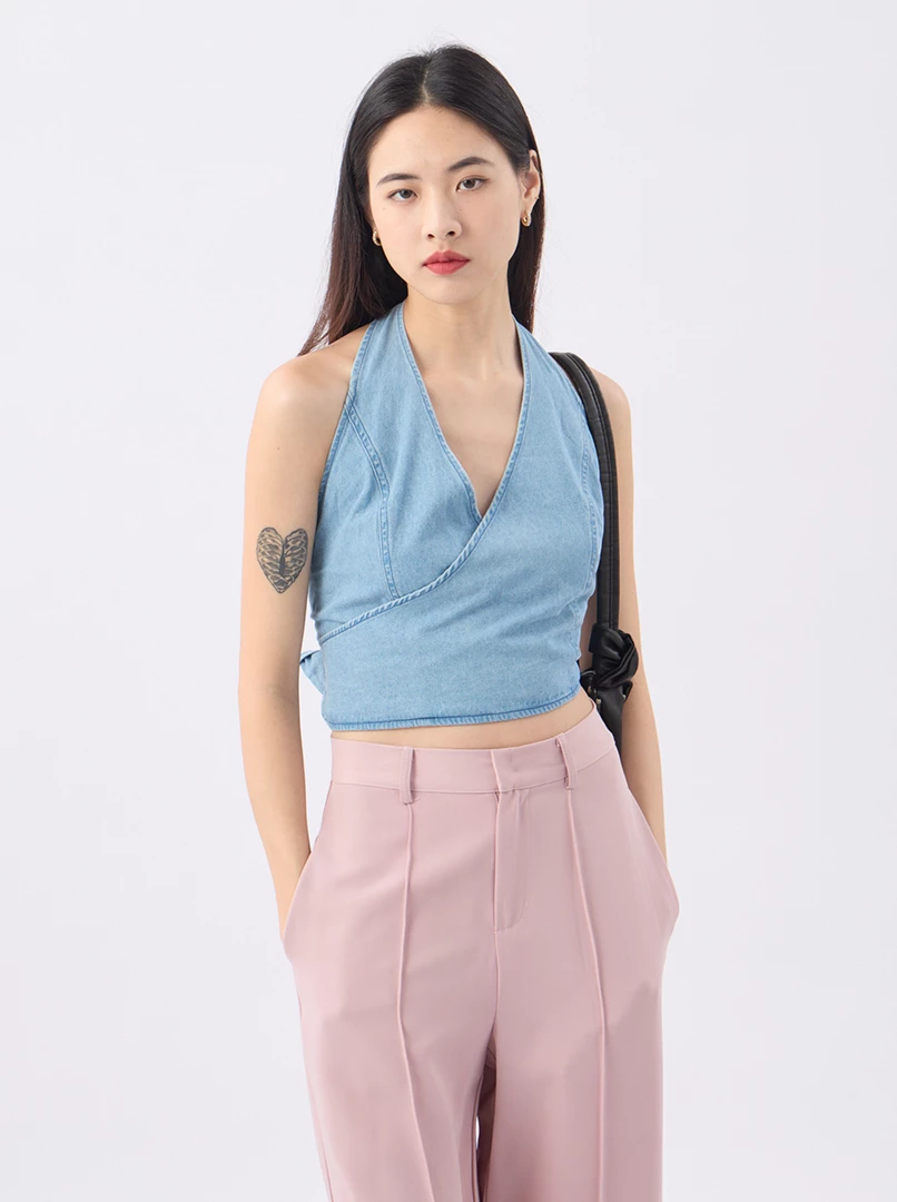 繞脖露背牛仔背心