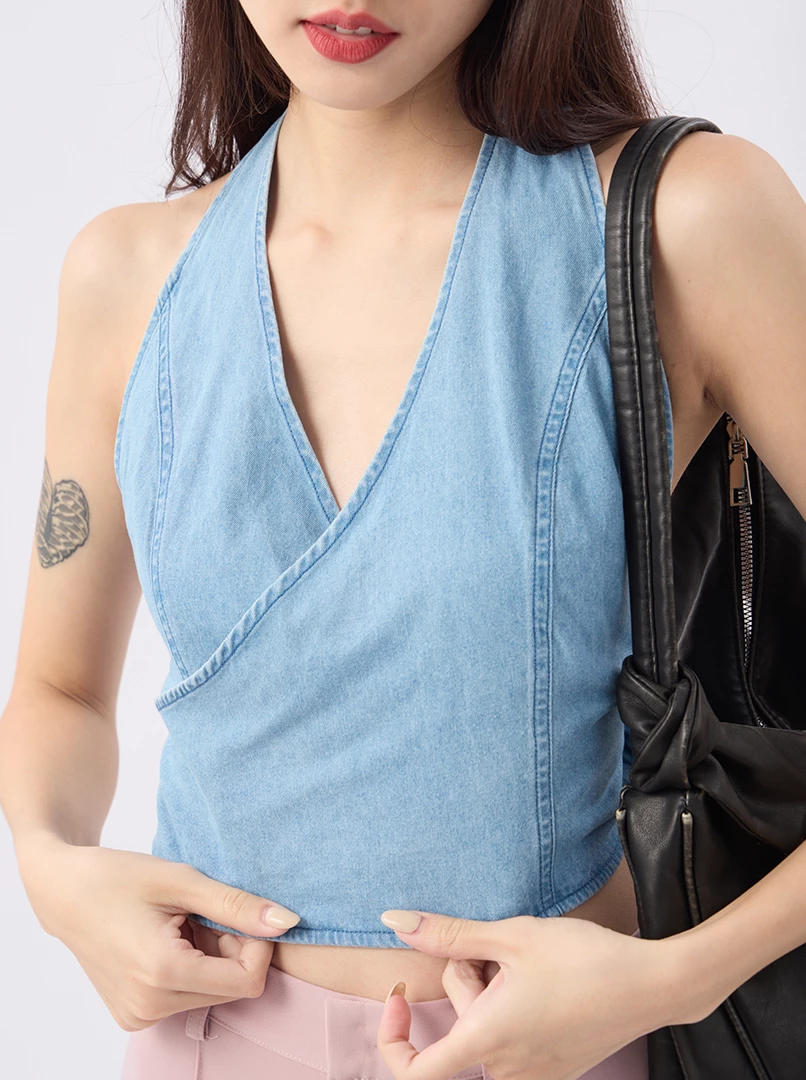 繞脖露背牛仔背心