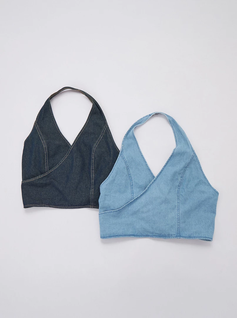 繞脖露背牛仔背心