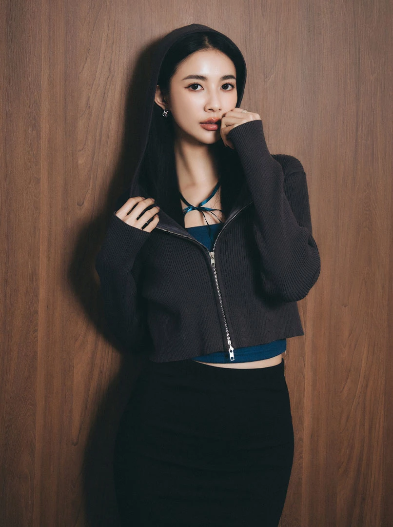 雙頭拉鍊短版連帽長袖上衣