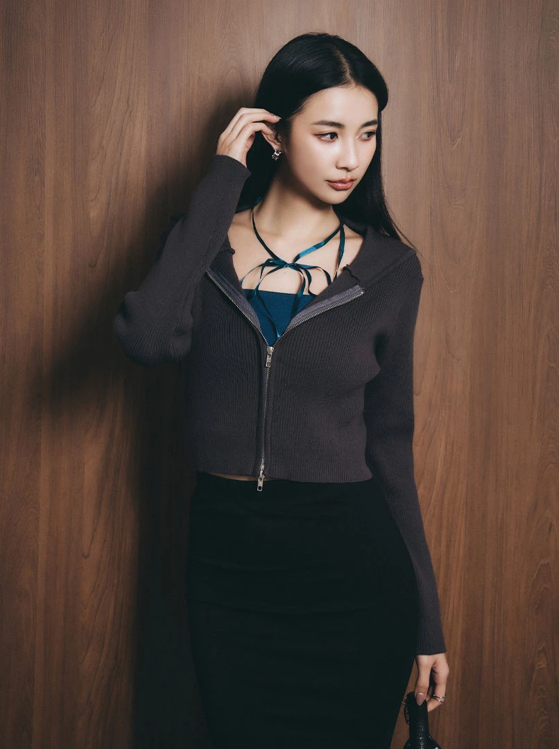 雙頭拉鍊短版連帽長袖上衣