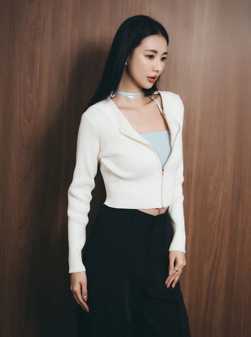 雙頭拉鍊短版連帽長袖上衣