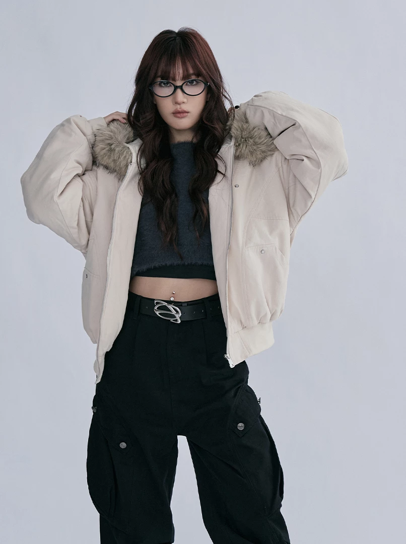 美式毛領連帽鋪棉外套