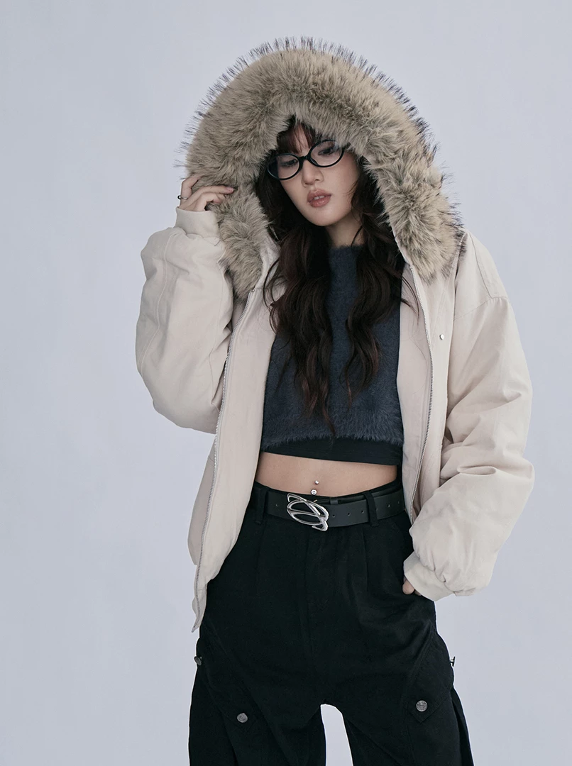 美式毛領連帽鋪棉外套