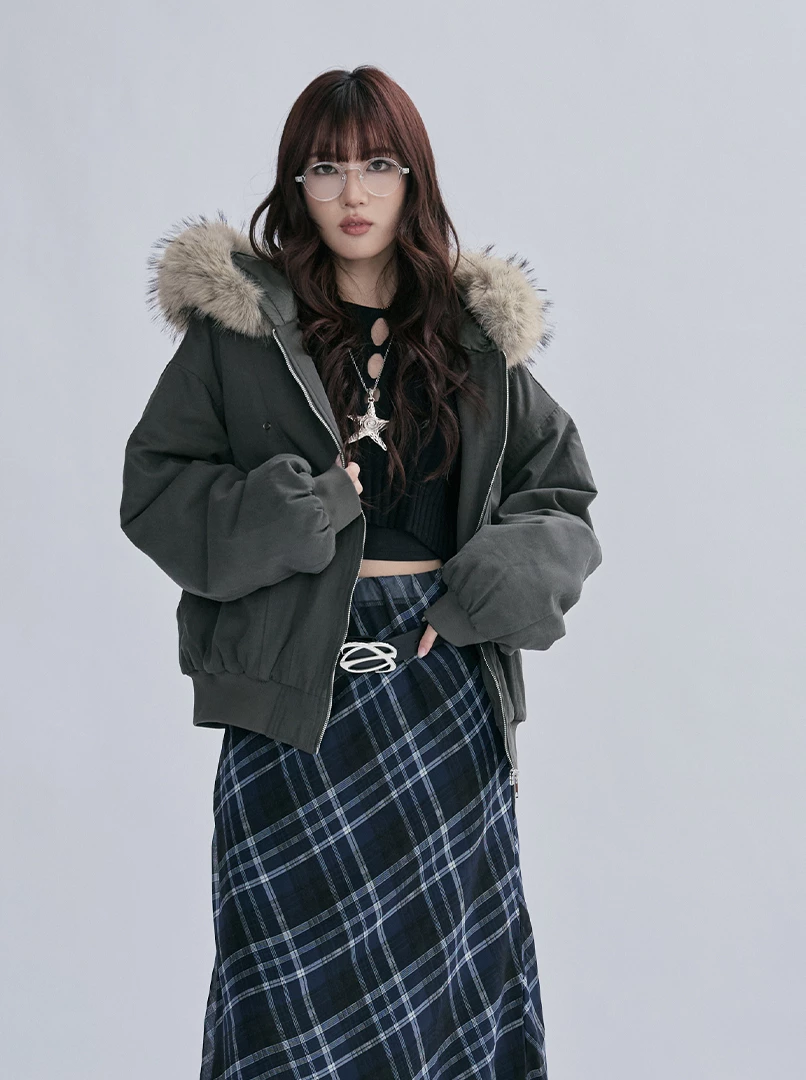 美式毛領連帽鋪棉外套