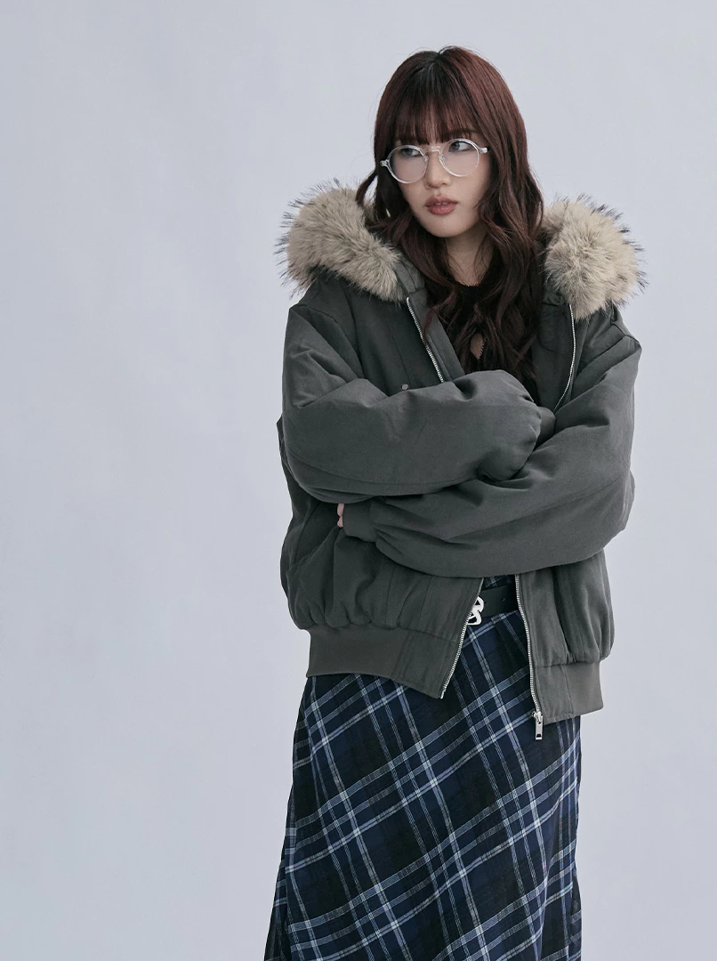 美式毛領連帽鋪棉外套