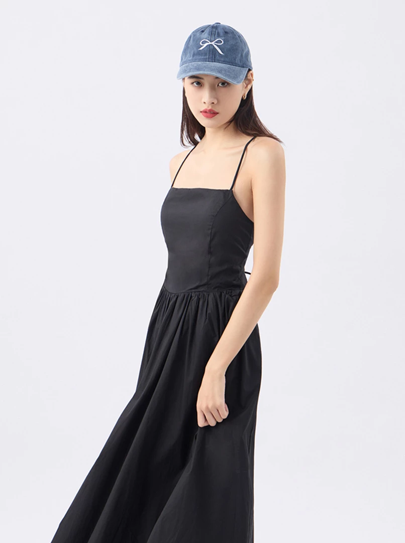 露背細褶綁帶長洋'