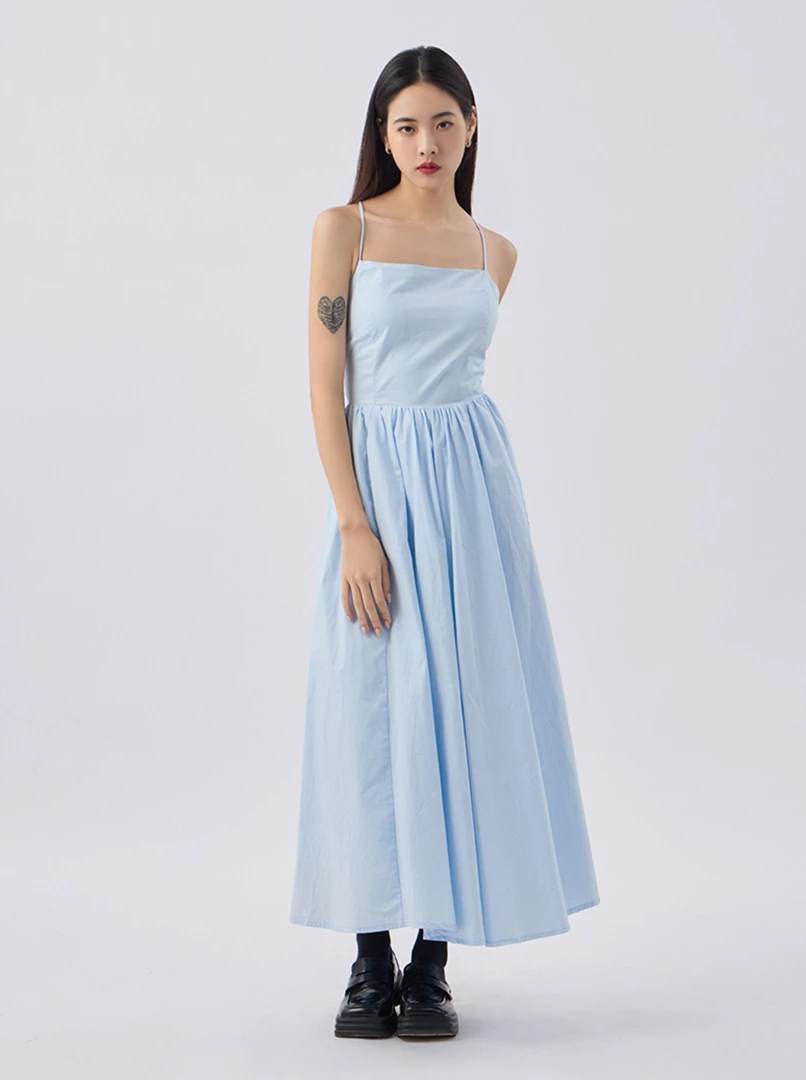 露背細褶綁帶長洋
