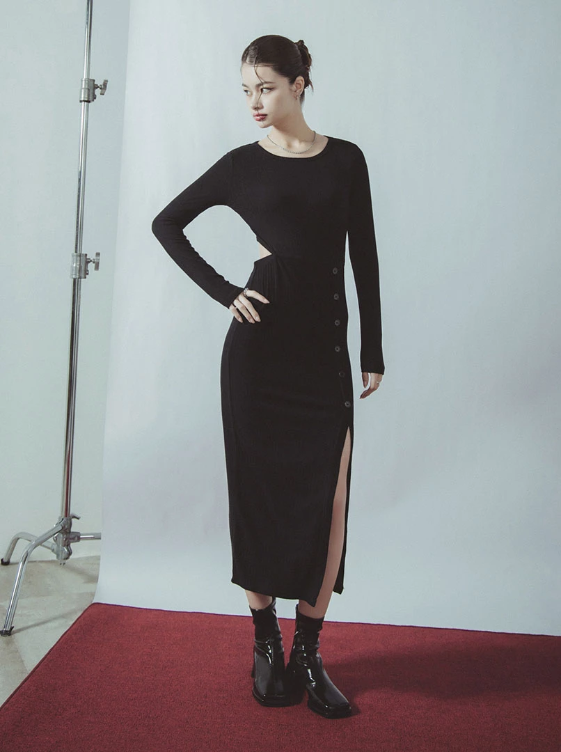 露腰合身開叉針織洋裝