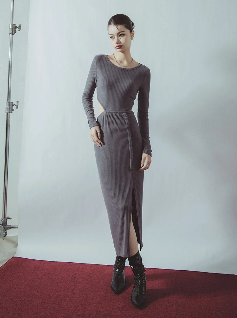 露腰合身開叉針織洋裝