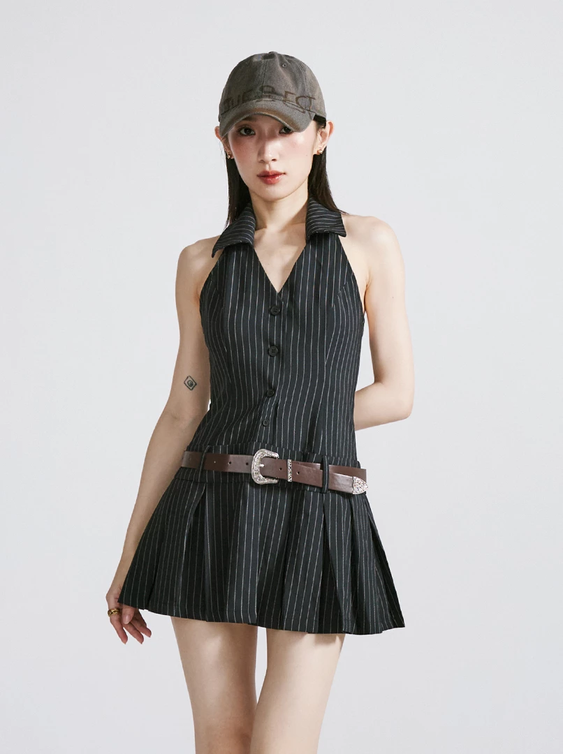 條紋V領連衣裙(附皮帶)