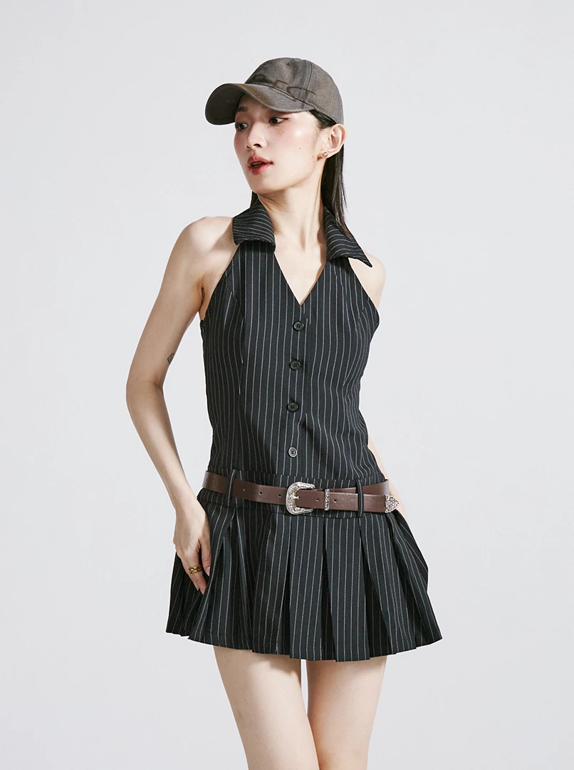 條紋V領連衣裙(附皮帶)