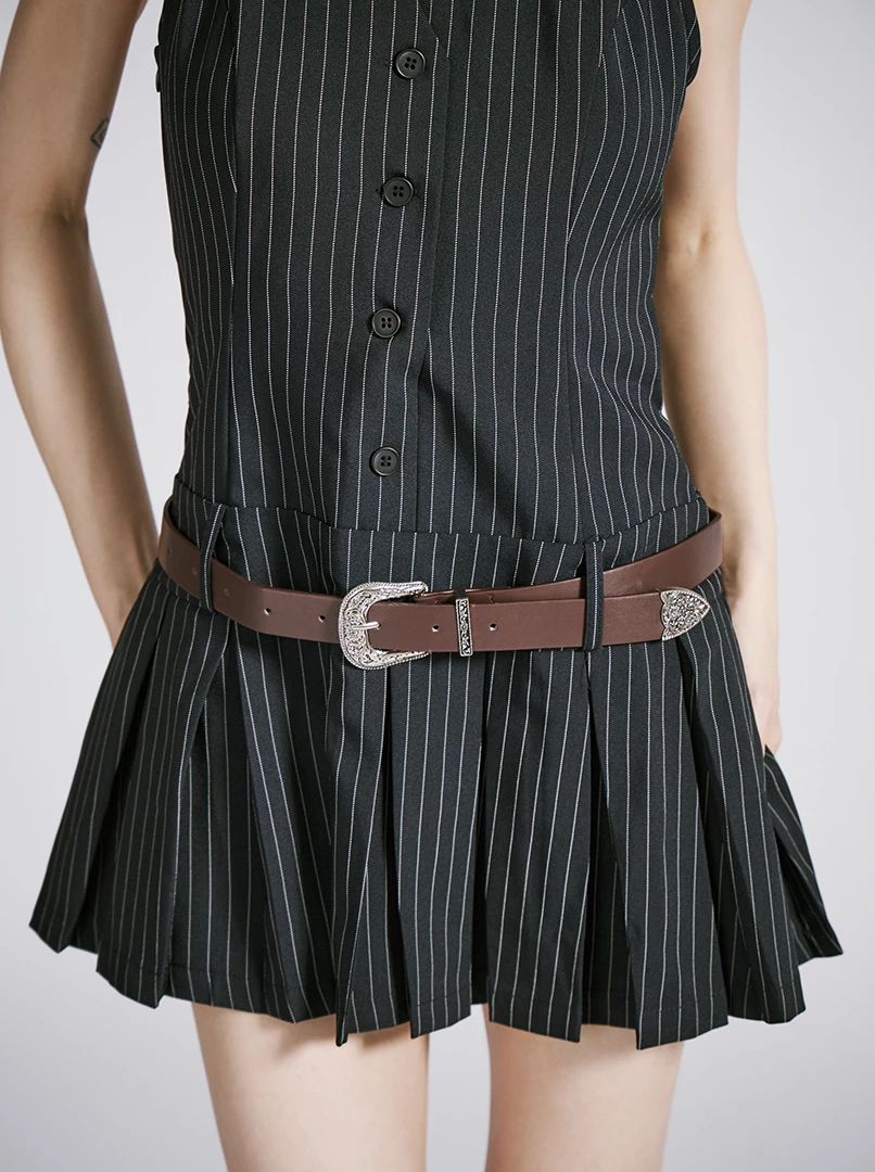 條紋V領連衣裙(附皮帶)