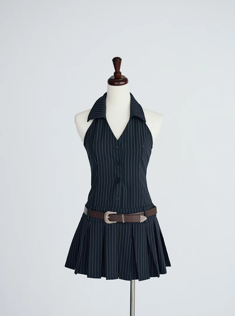 條紋V領連衣裙(附皮帶)