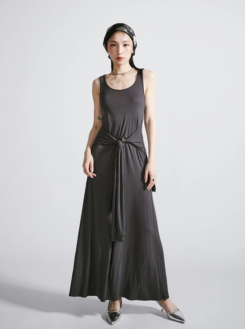 假兩件綁帶背心長洋裝