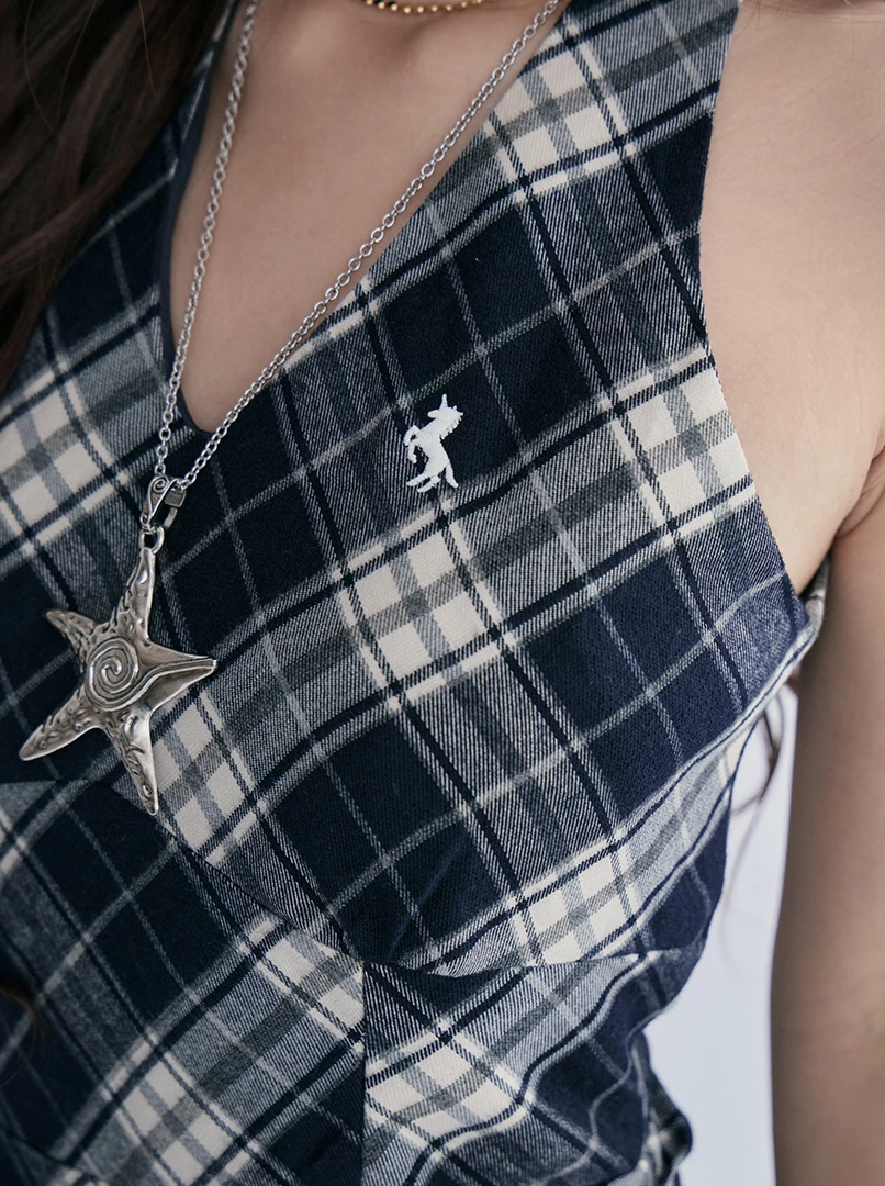 格子V領掛脖收腰短洋