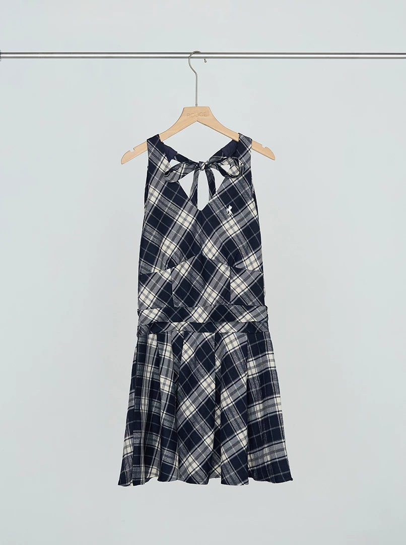 格子V領掛脖收腰短洋