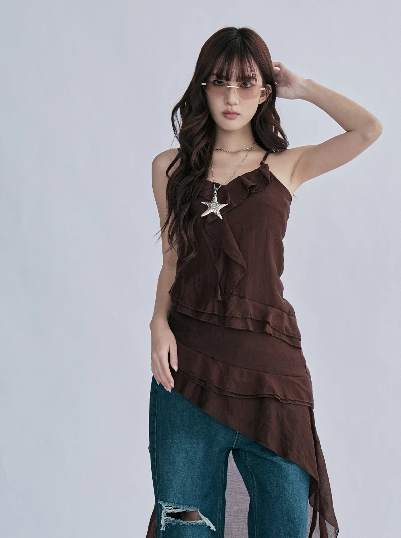 荷葉邊斜下擺連身裙