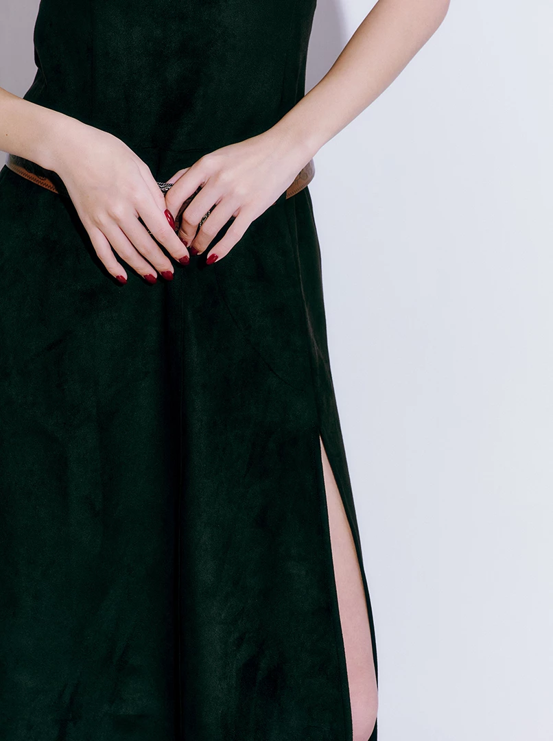 麂皮歐美開衩連身裙