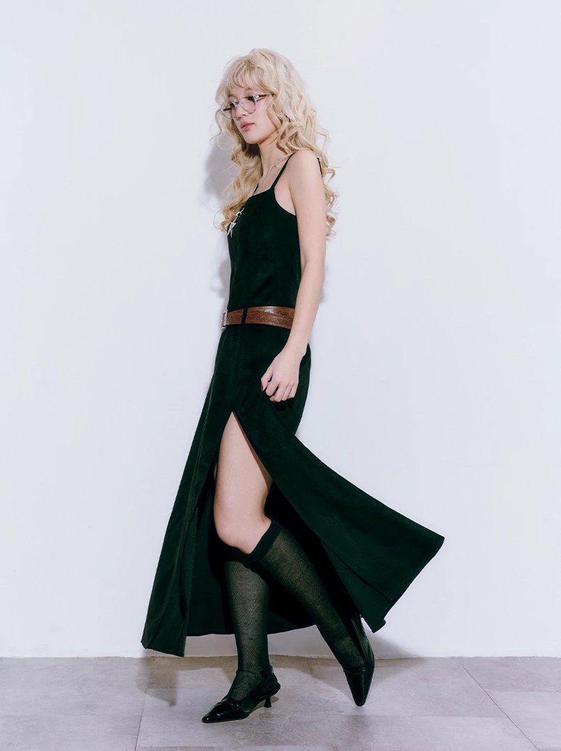 麂皮歐美開衩連身裙