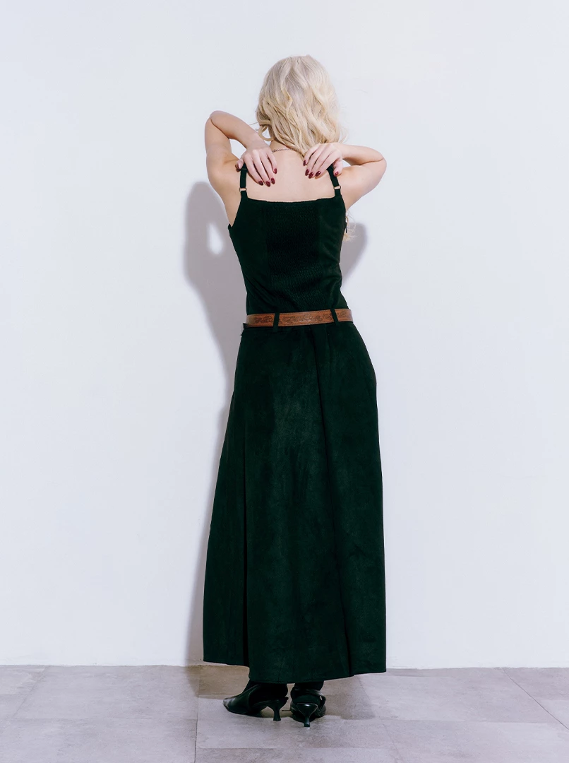 麂皮歐美開衩連身裙