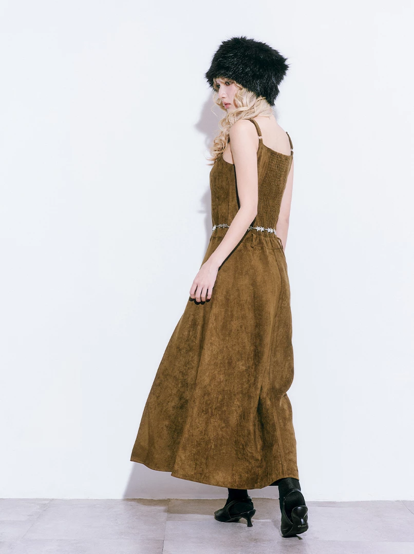麂皮歐美開衩連身裙