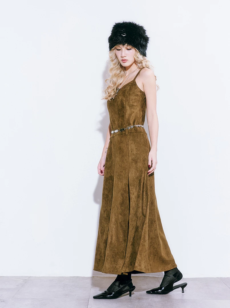 麂皮歐美開衩連身裙