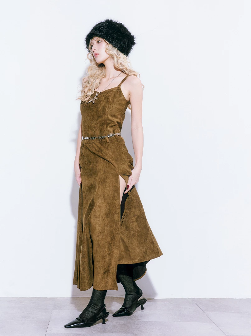 麂皮歐美開衩連身裙