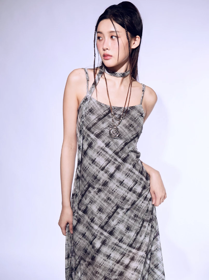 格紋細肩長洋附綁帶